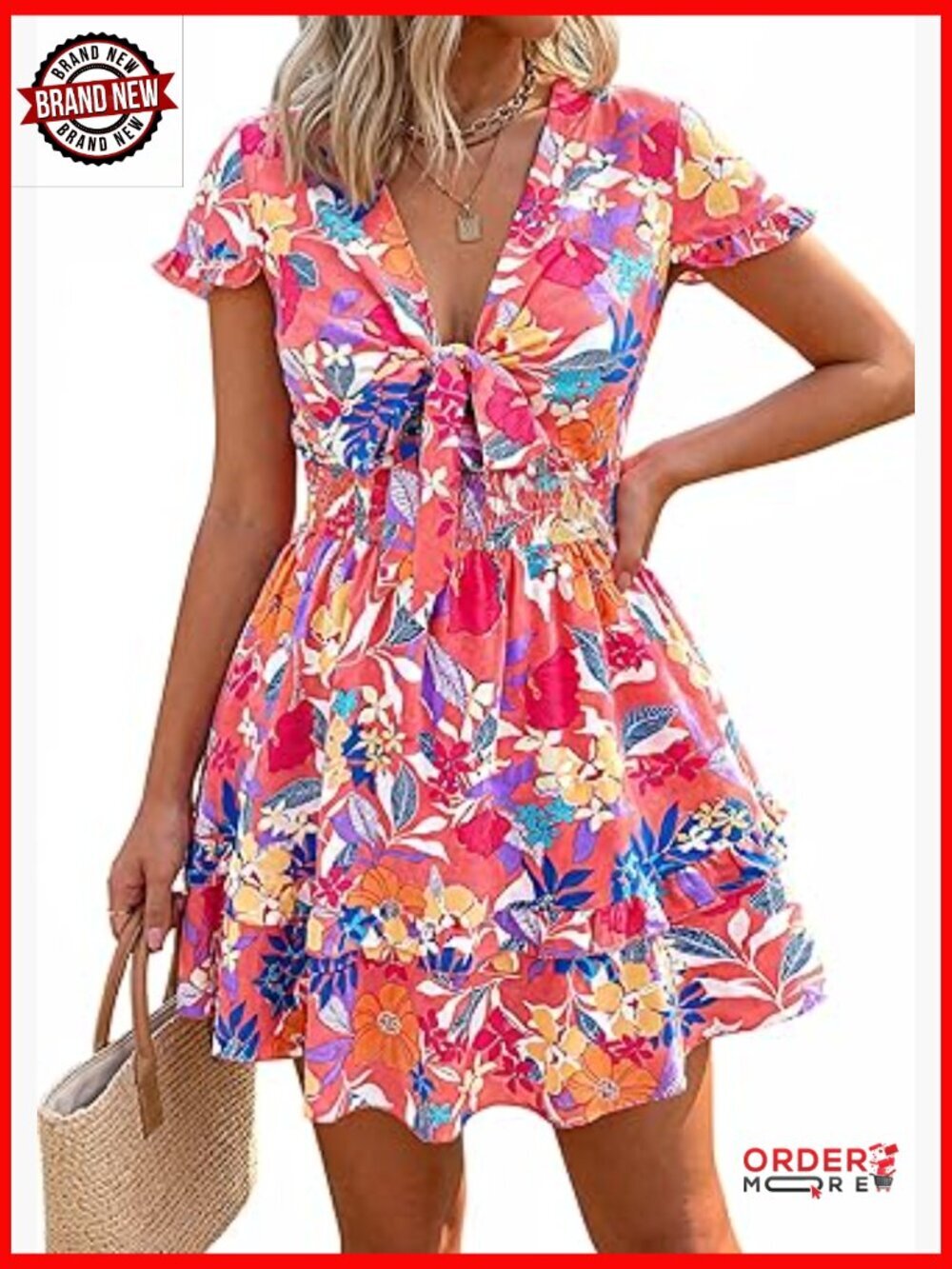 Women V Neck Short Sleeve Tiered A-Line Swing Mini Sun Dress